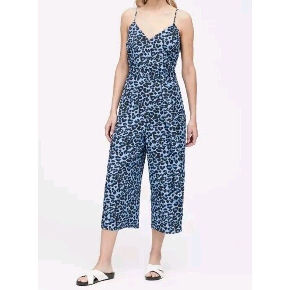 Banana Republic Blue Leopard V-Neck Strappy‎ Wide Leg Belted Cropped Jumpsuit 8